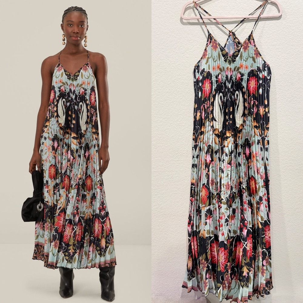 Farm Rio Pleated Midi Dress Small V-Neck Spaghetti Strap Boho Feminine Romantic